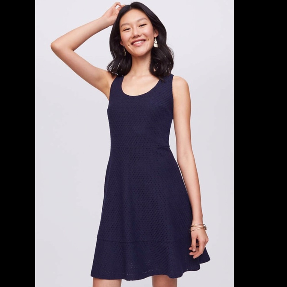 NWT LOFT navy eyelet flounce dress